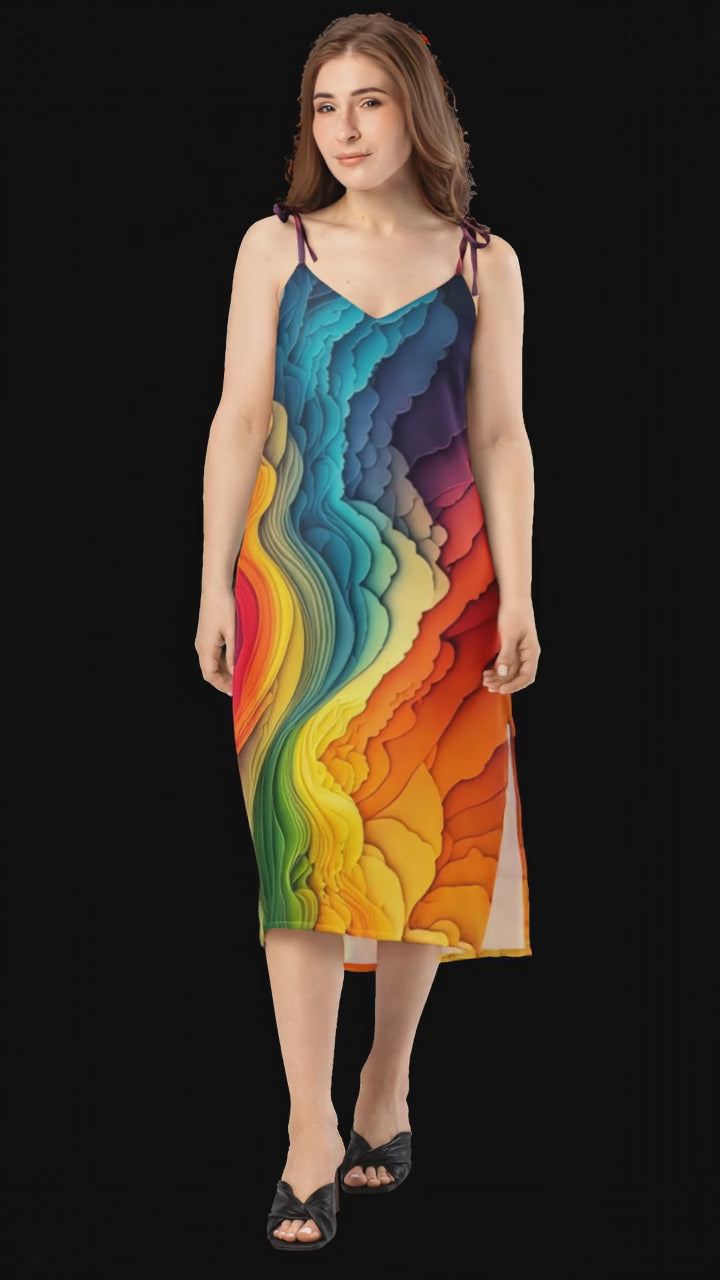 Beautiful Rainbow Origami Art to Wear Vibrant Illusion Tie-strap Chiffon midi dress